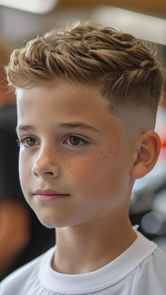 a boy ready to watch league match having Ivy League haircut