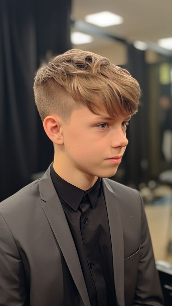 A boy wearing three piece with Messy Crew Cut hairstyle