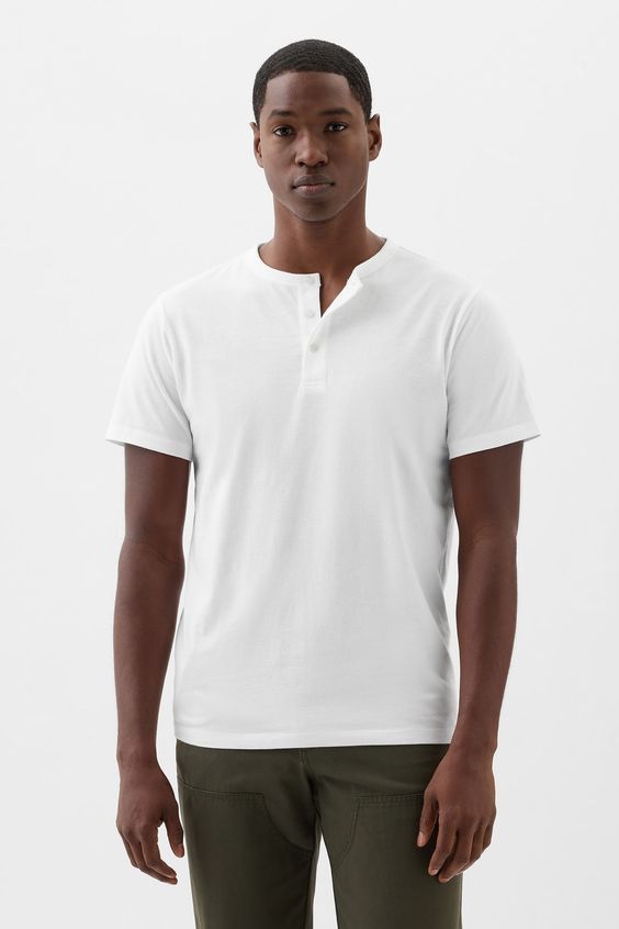 Mens White Everyday Soft Henley-Style Neck T-Shirt - white